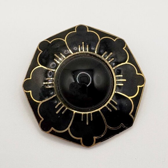 Mona SO Jewelry - Vintage 1980s Flower Brooch Black and Gold Signed MONA SO Excellent Condition